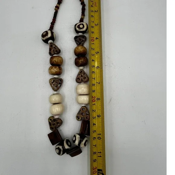 African Tribal Style Dzi Beads Wood Batik Bone Unique‎ Statement Necklace Boho